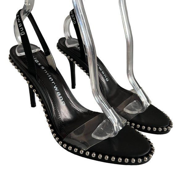 Alexander Wang high heels Nova black leather PVC clear strap 38 8 studded - Picture 3 of 10